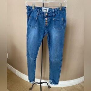 Blue Ankle Cropped Jeans with Knee Paneling